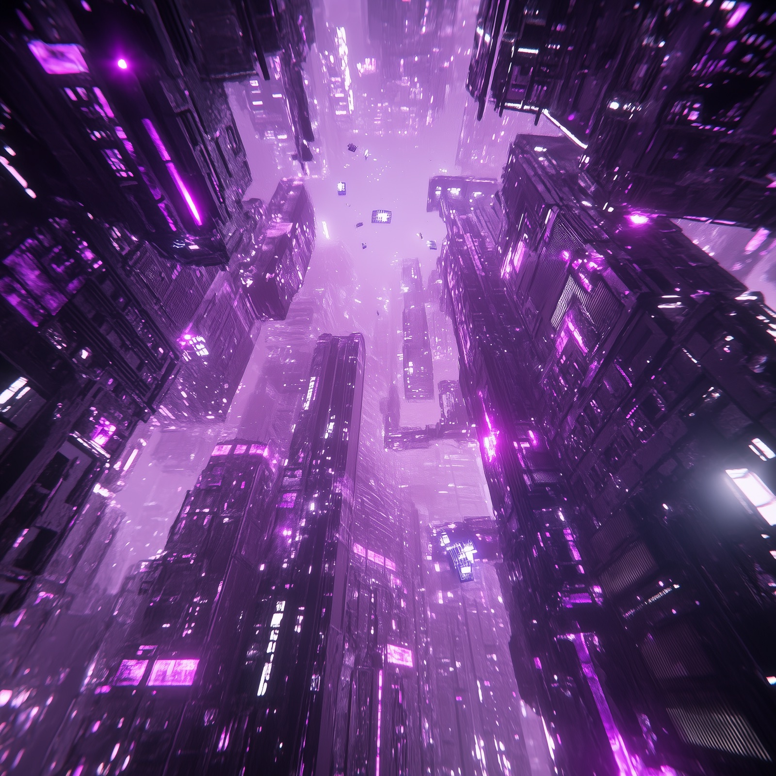 A high-definition image of a purple techno-city, representing humanity as a swarm and civilization as a collective intelligence.